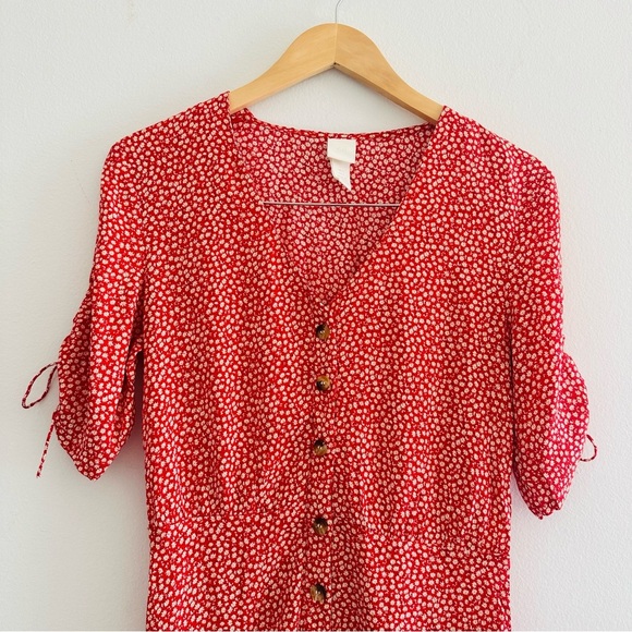 H&M Red Floral Dress Tie Sleeves Sz 2 - Picture 4 of 7